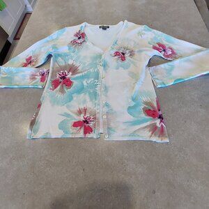 DISCREET Women's Floral Button-Down V-Neckline Cardigans w/Beading Accent Sz S/P